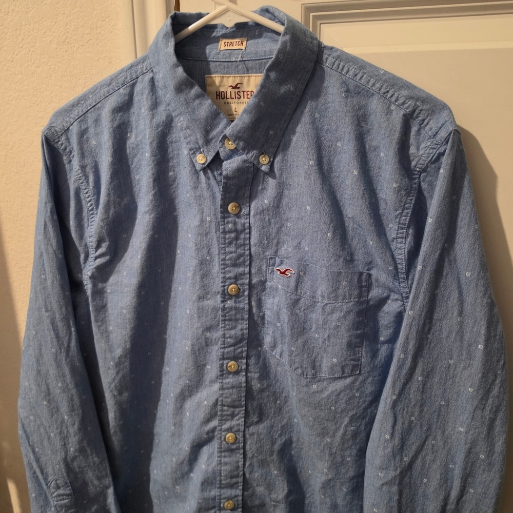 Hollister Mens Blue Geometric Micro Print Long Sleeve Stretch Button Down Large
